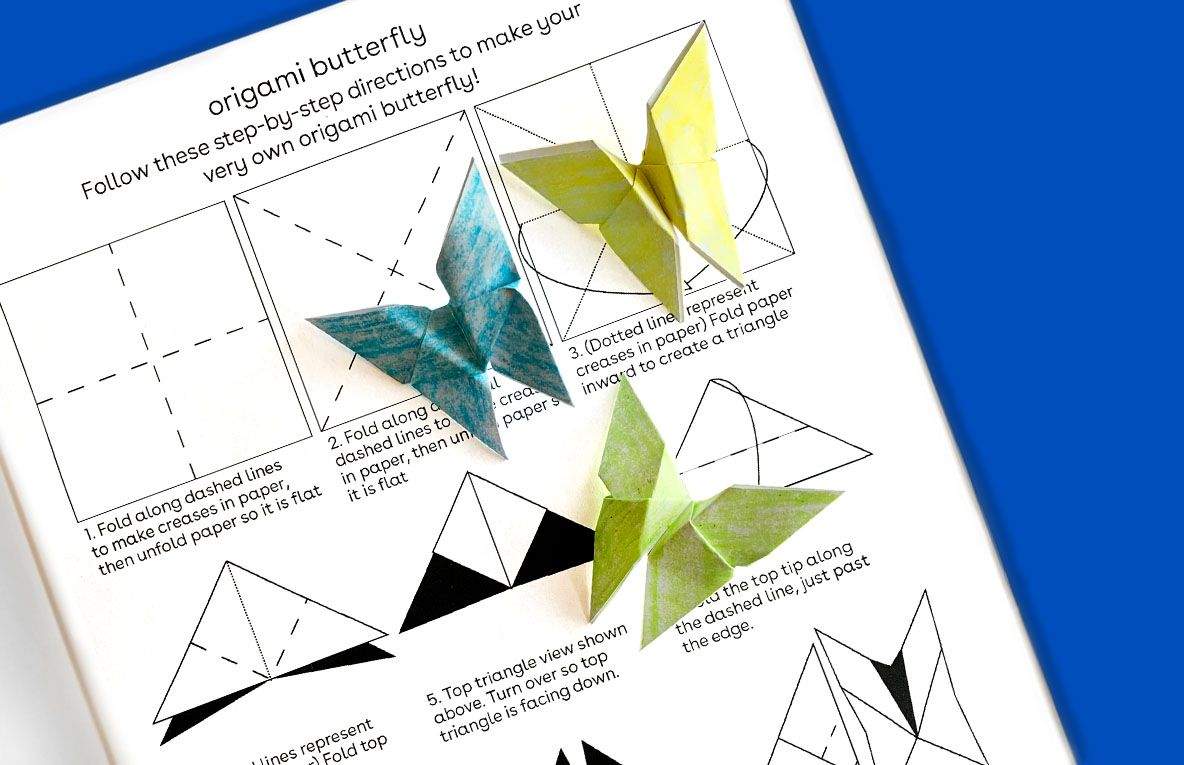Origami butterfly instruction page showing step-by-step folding directions with completed butterflies in blue, yellow, and green paper on a blue background