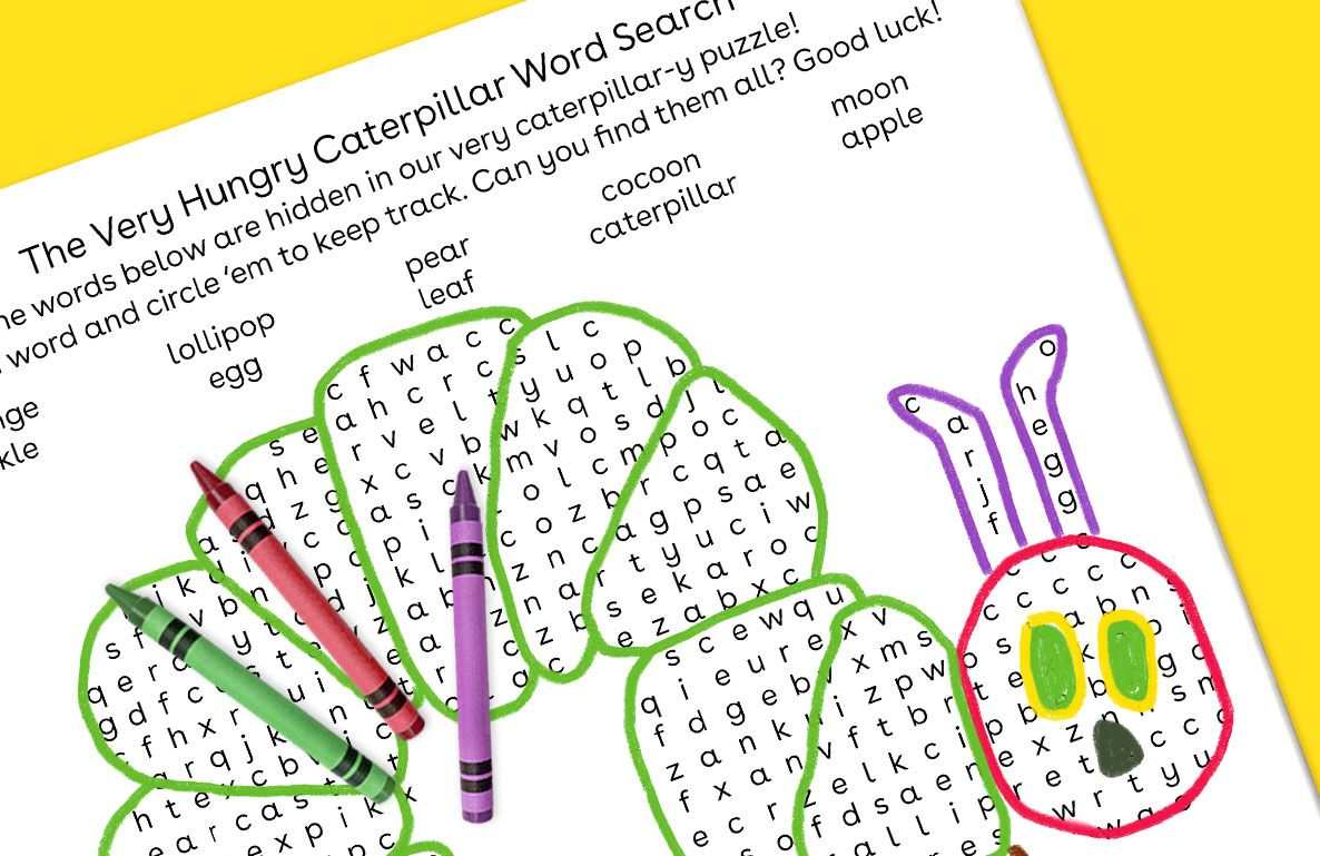 The Very Hungry Caterpillar Word Search puzzle with green caterpillar-shaped grid, red crayon and purple markers, yellow background