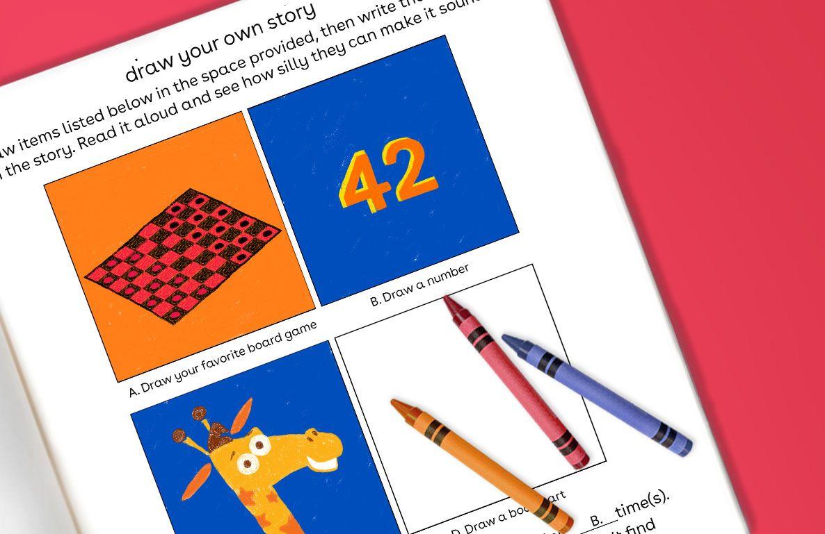 Page from a creative activity worksheet showing prompts to draw your own story, including a checkerboard board game, the number 42, a yellow giraffe character,