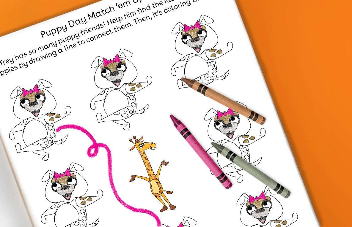 Puppy Day Match 'em Up activity page with cartoon puppy characters wearing pink bows, a giraffe, crayons, and a pink string to connect matching puppies
