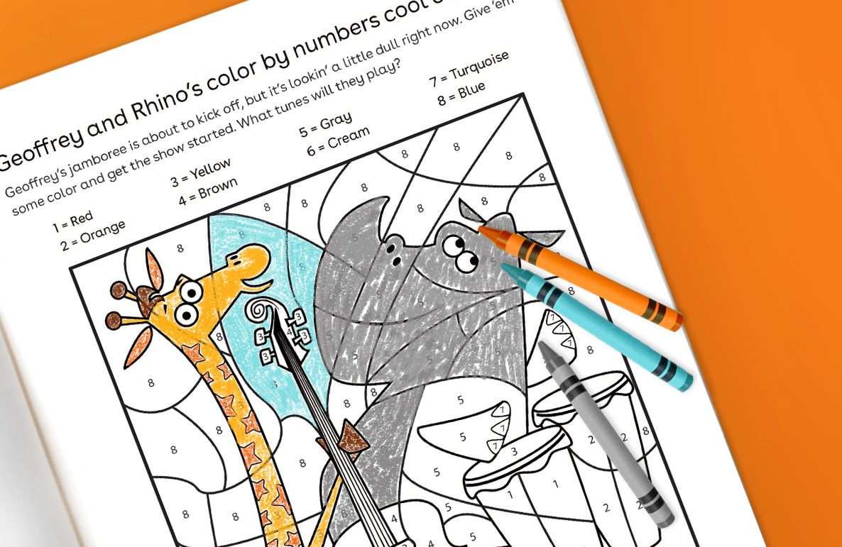 Geoffrey and Rhino's color by numbers cool concert activity page with giraffe and rhino characters, numbered sections, and orange and blue markers on orange bac