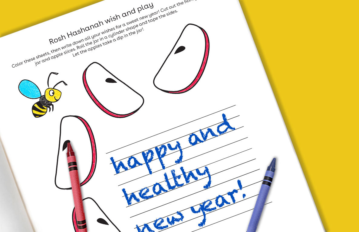 Rosh Hashanah wish and play printable activity sheet with apple slice outlines to color, a bee illustration, and handwritten text saying 'happy and healthy new