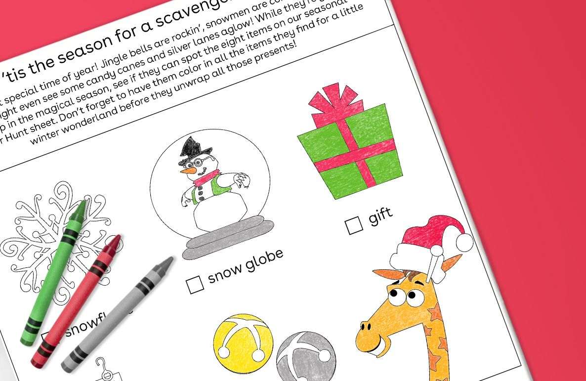 'Tis the Season for a Scavenger Hunt blog post showing winter-themed scavenger hunt checklist with snowman globe, gift box, reindeer, ornaments, crayons, and sn