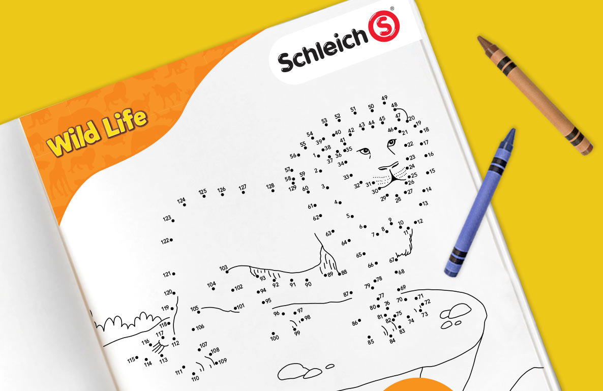 Schleich Wild Life connect-the-dots activity page with numbered dots forming a lion, surrounded by colored crayons on yellow background