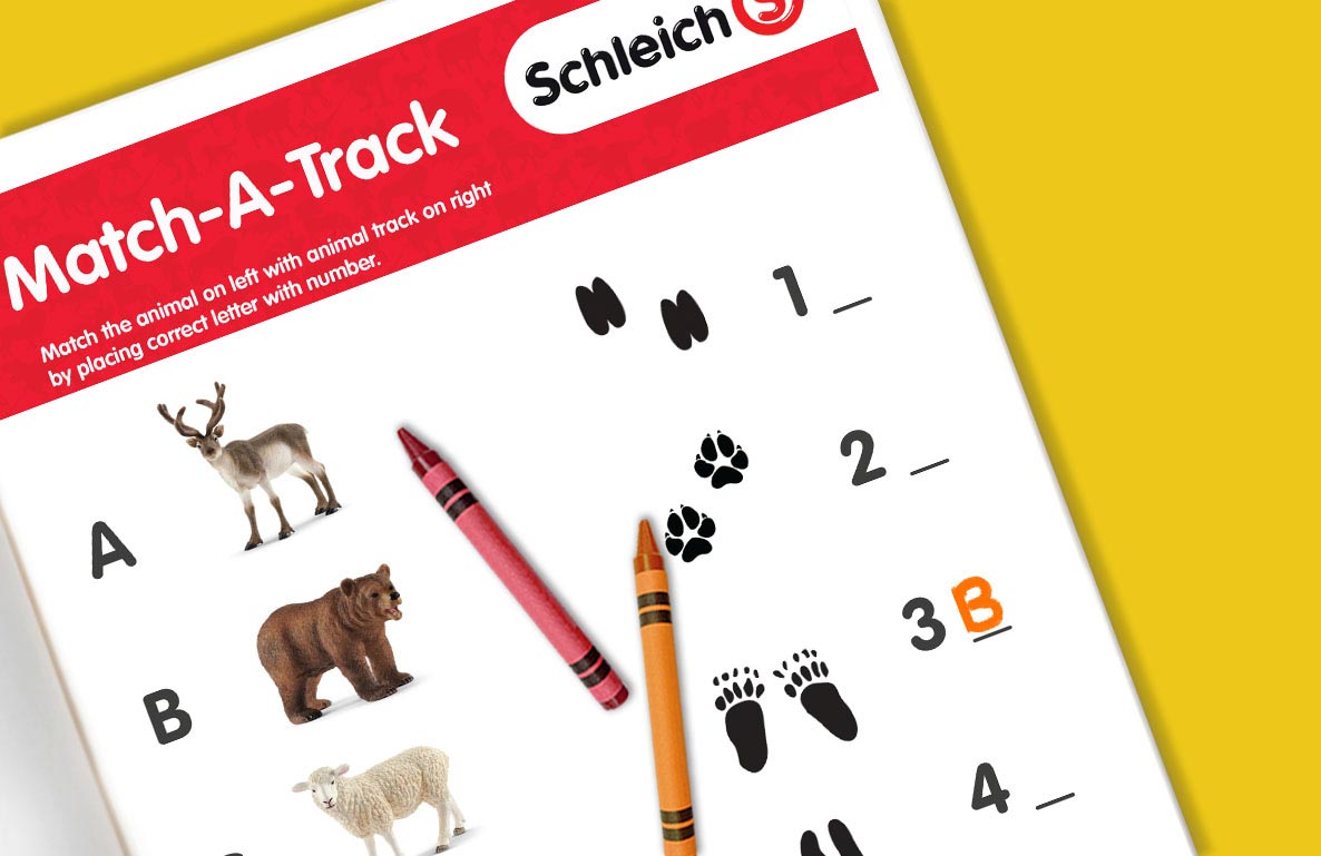 Schleich Match-A-Track printable worksheet with animals on left (deer, bear, sheep) and animal tracks numbered 1-4 on right, with crayons for writing answers