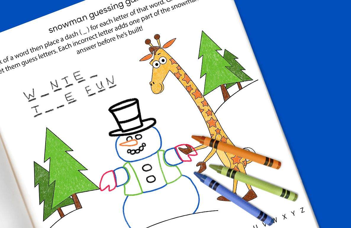 Printable snowman guessing game worksheet with illustrated snowman, giraffe, evergreen trees, and colored pencils on blue background