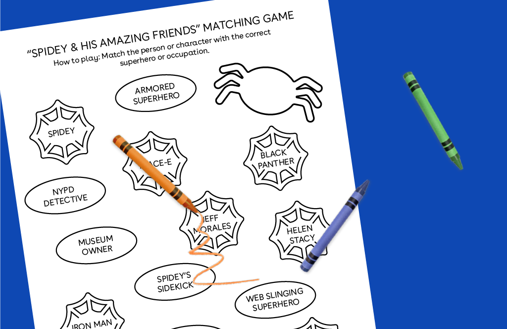 "Spidey & His Amazing Friends" matching game worksheet with character names and occupations to match, printed page with orange and blue crayons on blue backgrou