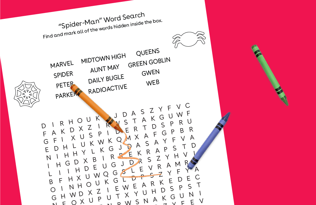 Spider-Man Word Search printable activity with word list including Marvel, Spider, Peter Parker, Midtown High, and other Spider-Man themed words, shown with ora