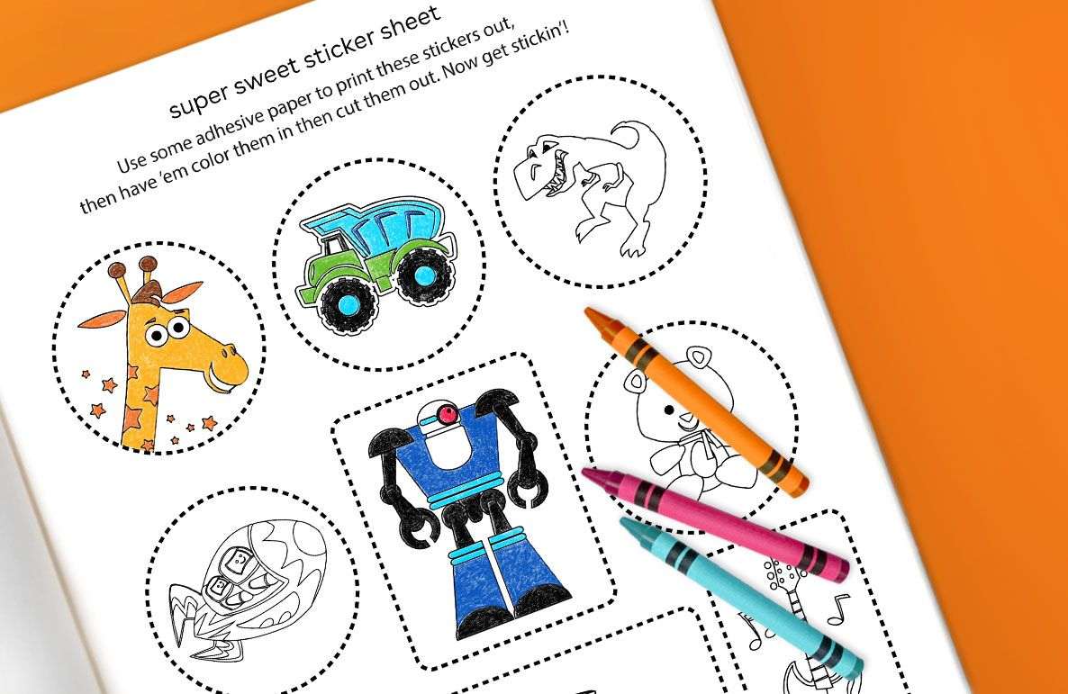 Printable sticker sheet with instructions and illustrated designs including a giraffe, tractor, monkey, robot, pizza slice, and child figure with crayons