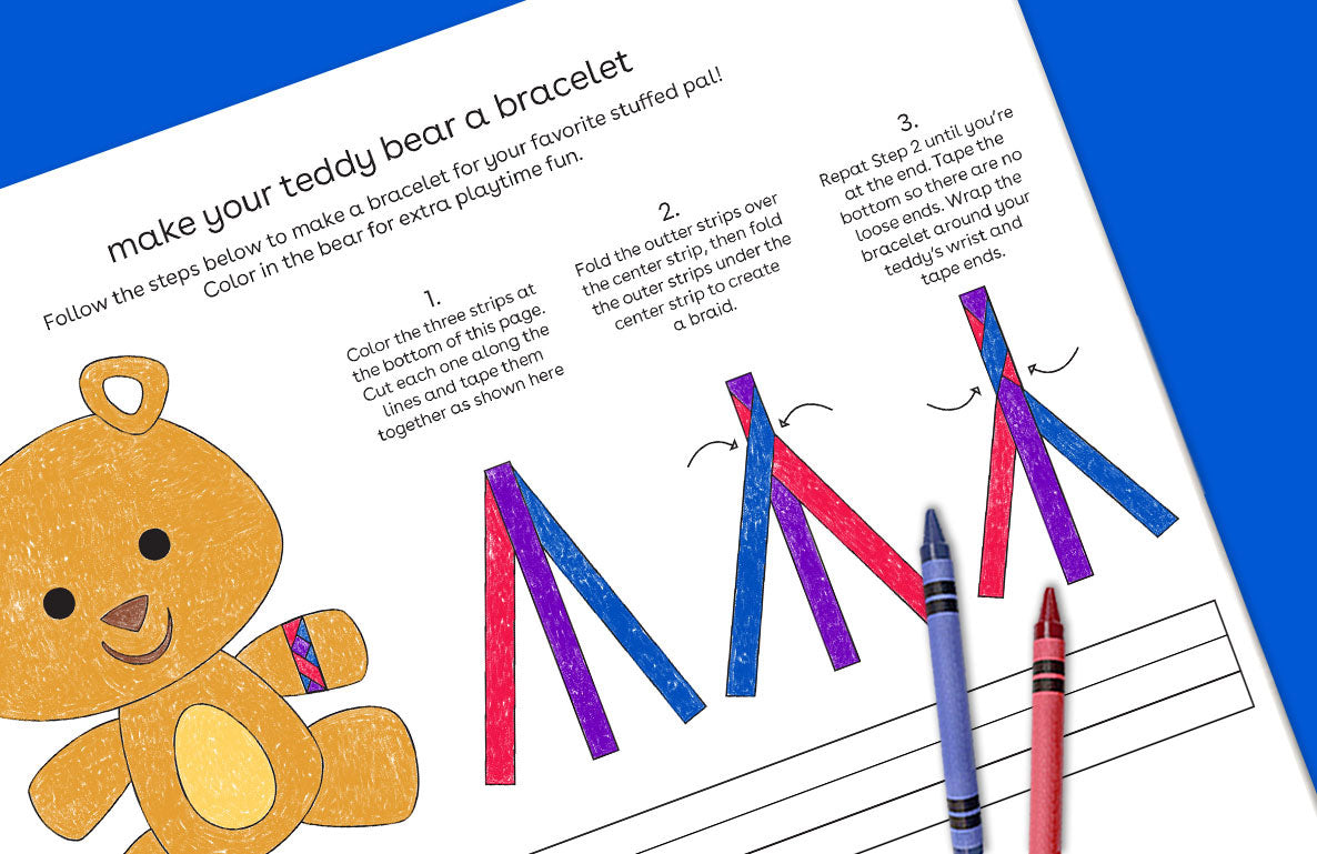 DIY teddy bear bracelet craft instructions with illustrated brown teddy bear and three steps showing how to color, fold, and tape colorful paper strips into a b