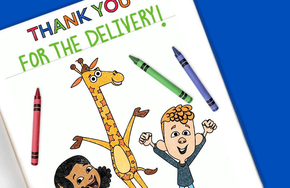 Thank you for the delivery! Coloring page with giraffe, two children, and crayons on blue background