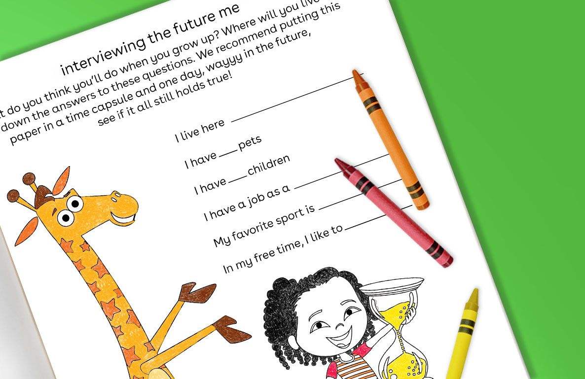 Time capsule activity worksheet with illustrated giraffe and child, orange and pink crayons, prompts for future interview questions on green background