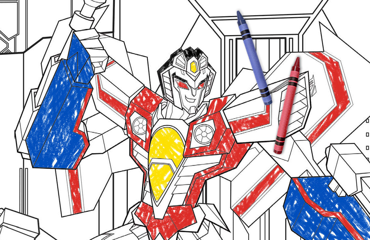 Transformers robot coloring page with partially colored red, blue, and yellow robot figure and two crayons on white line drawing background