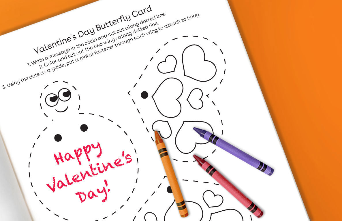Valentine's Day Butterfly Card printable craft with smiley face and heart-shaped butterfly designs outlined in dashed lines, partially colored with crayons and