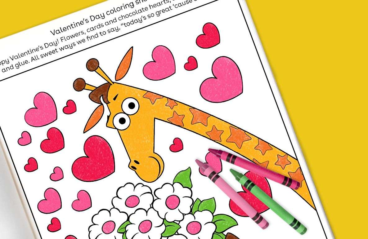 Valentine's Day coloring sheet featuring a smiling giraffe with hearts and flowers, alongside pink and green crayons on yellow background