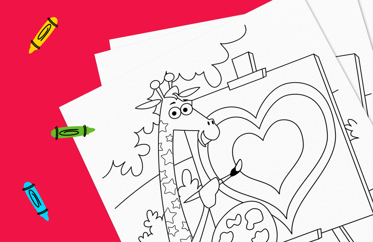 Coloring page featuring Geoffrey the giraffe holding a large heart, surrounded by stars and decorative elements, with crayons on a pink background