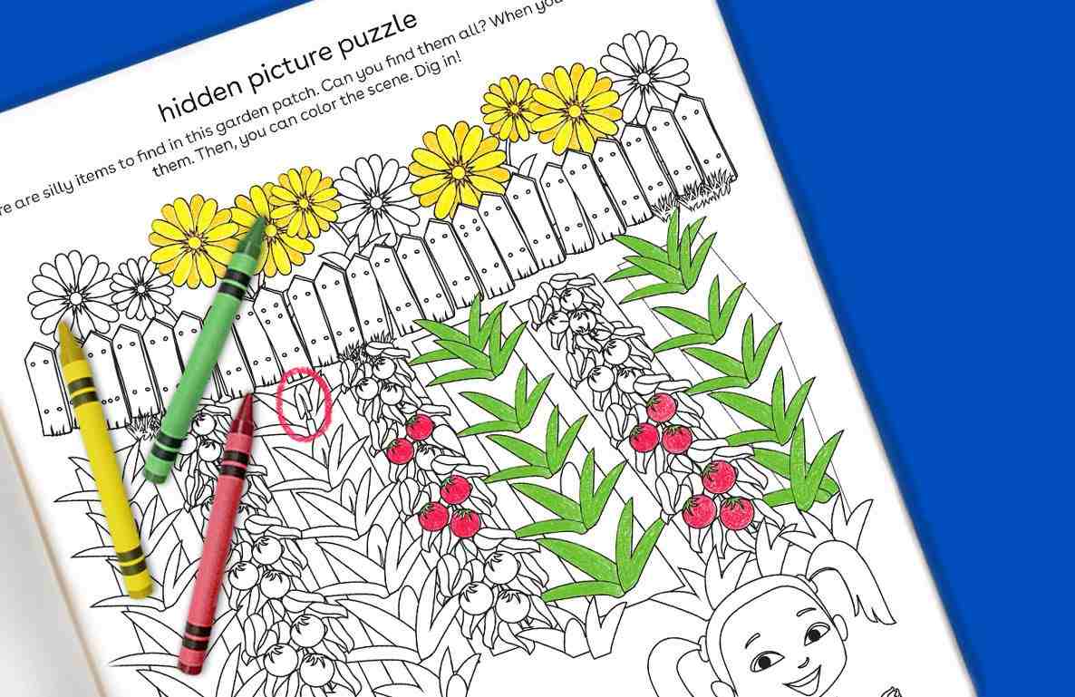 Hidden picture puzzle activity page with garden scene featuring flowers, fence, vegetables, and child's face, partially colored with yellow, green, and red cray