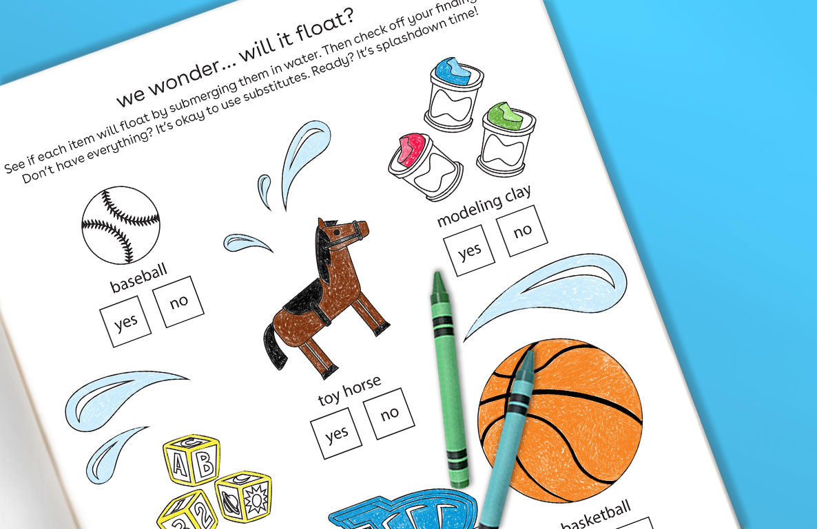 Activity page showing illustrations of items with yes/no checkboxes to predict if they float: baseball, feathers, toy horse, modeling clay in jars, crayon, and