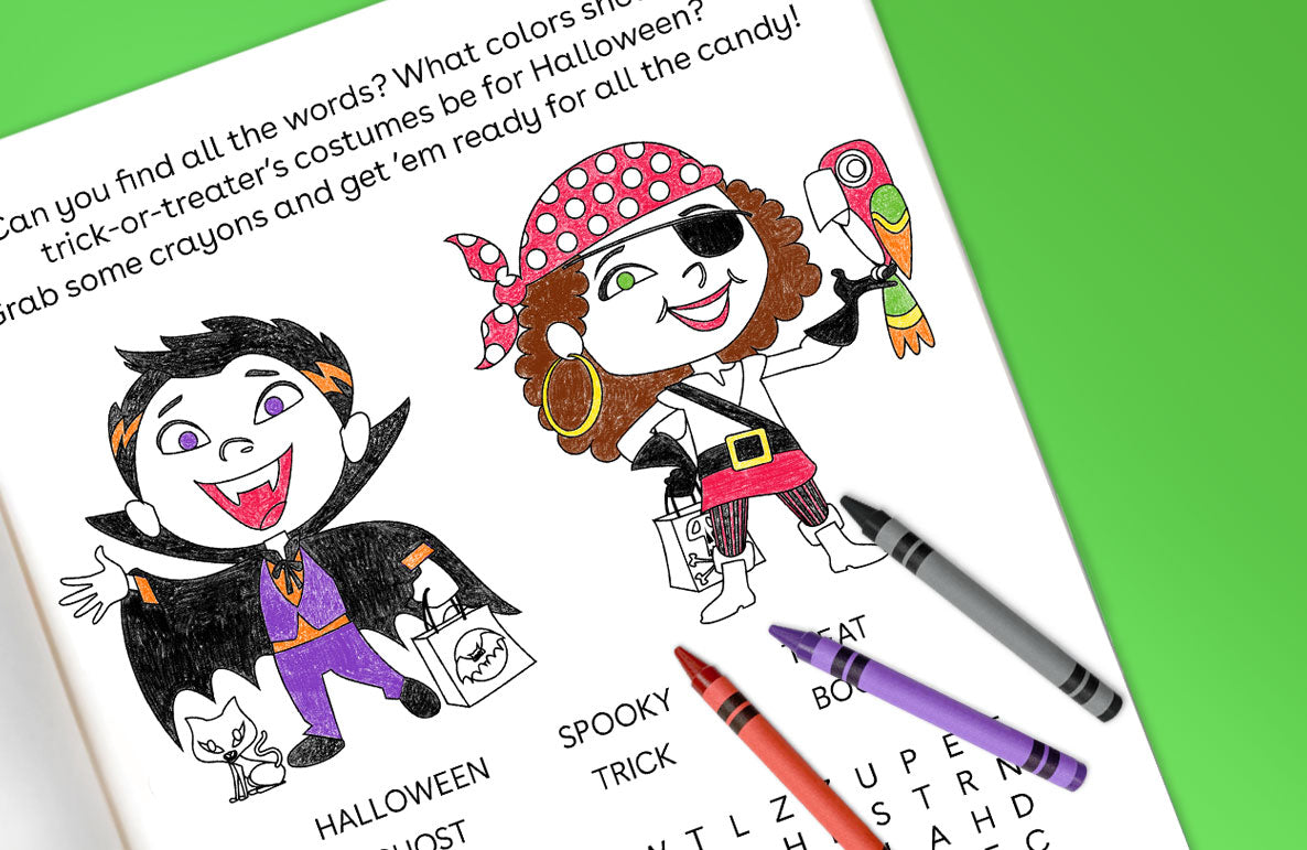 Halloween-themed coloring page with word search puzzle featuring cartoon pirate and witch characters with crayons and markers