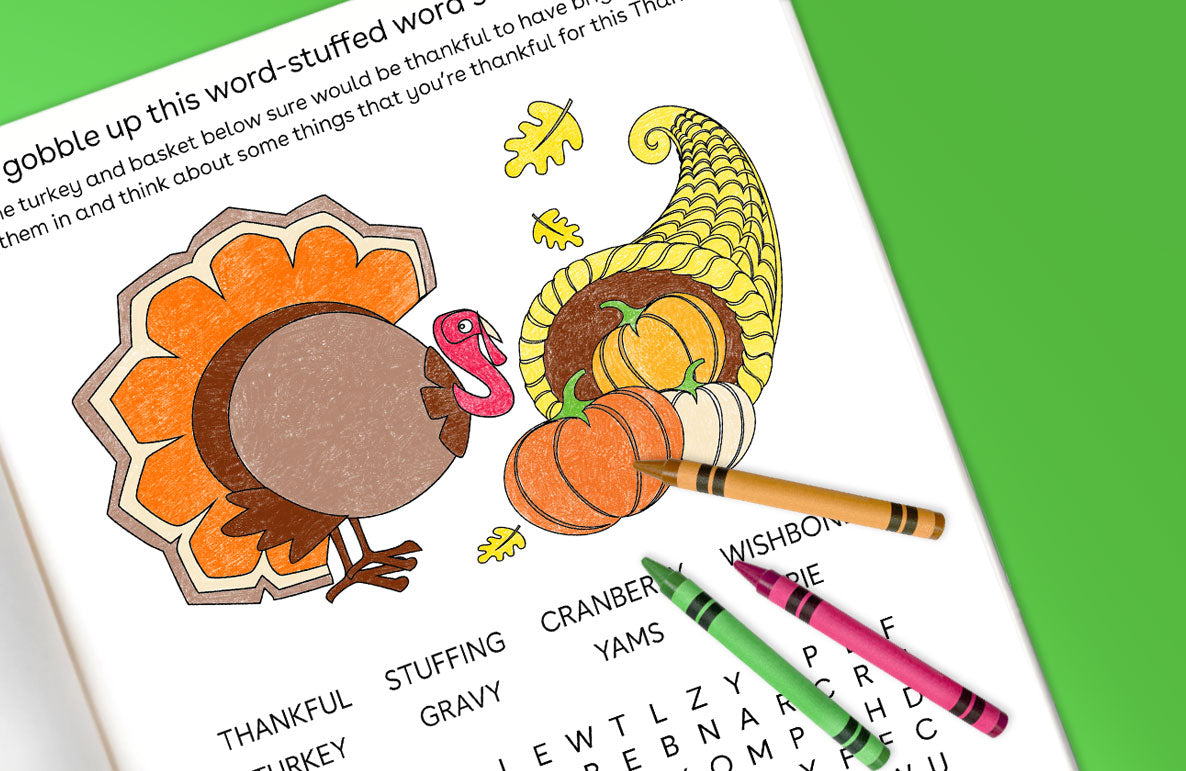 Thanksgiving word search activity page with illustrated turkey and cornucopia to color, featuring word list including thankful, stuffing, cranberry, gravy, yams