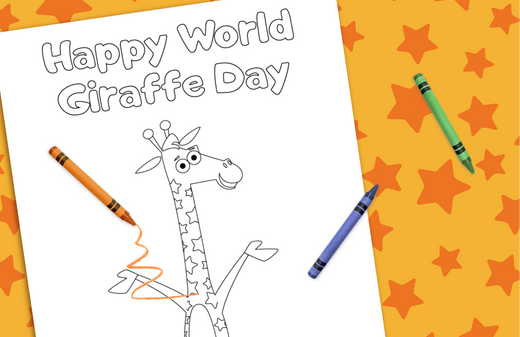 Coloring page with 'Happy World Giraffe Day' text and outline giraffe drawing, surrounded by colorful markers and orange stars on yellow background
