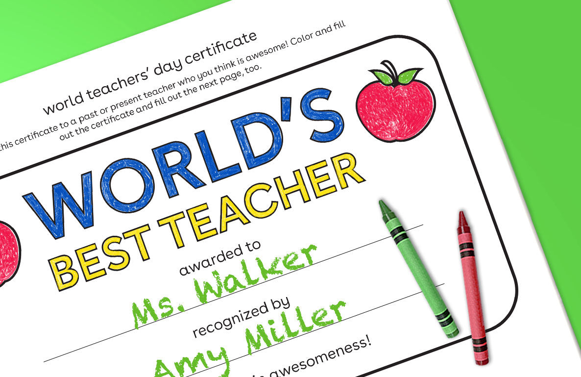 World's Best Teacher certificate with blue and yellow text, red apple illustration, and green and red crayons on a bright green background