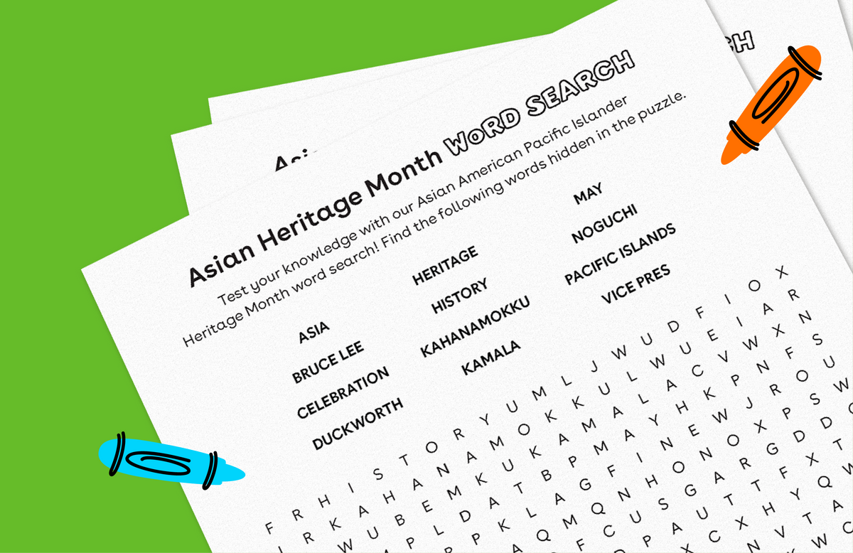Asian Heritage Month word search puzzle printable with orange and blue crayons on green background