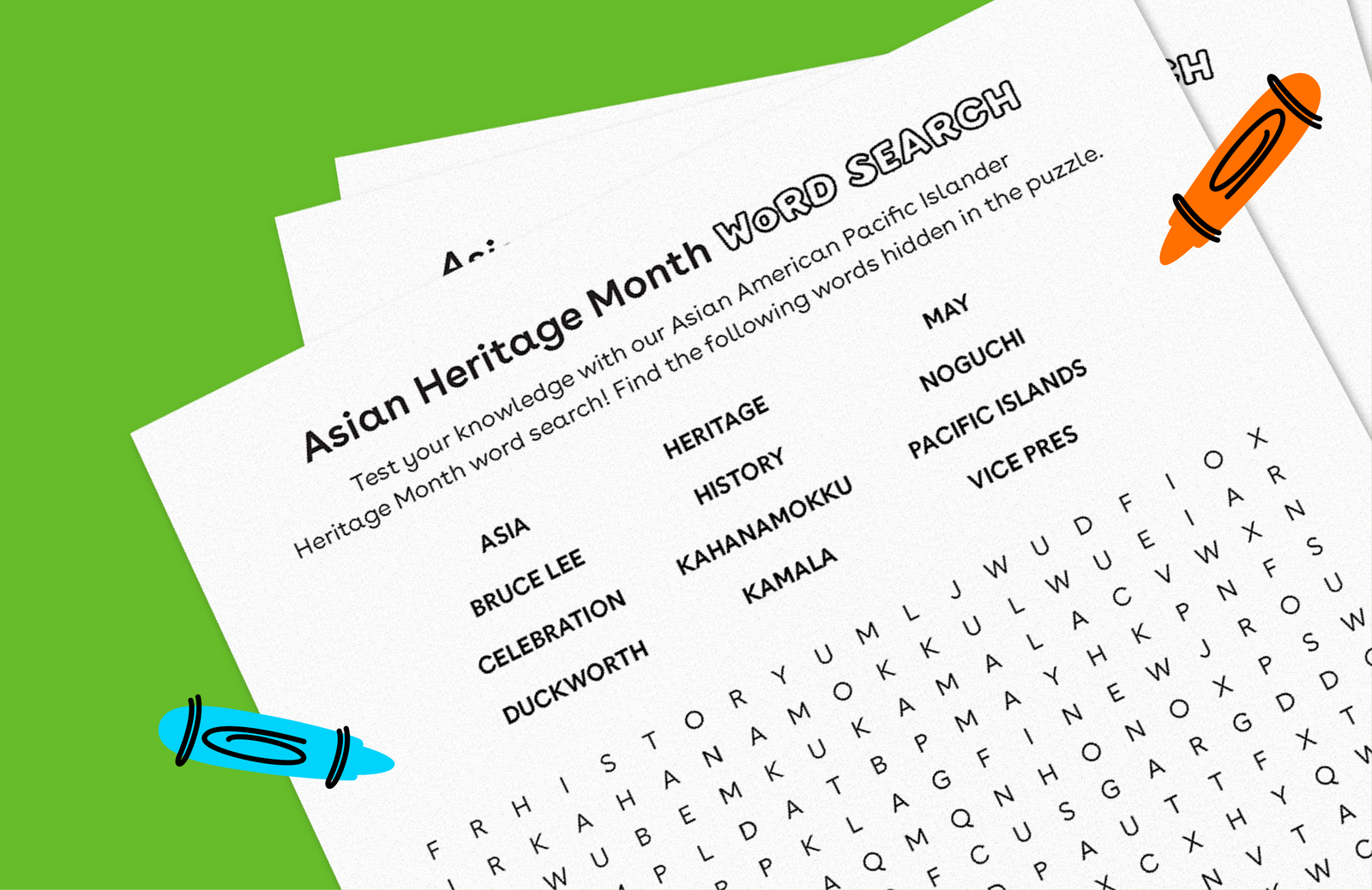 Asian Heritage Month word search puzzle printable with orange and blue crayons on green background