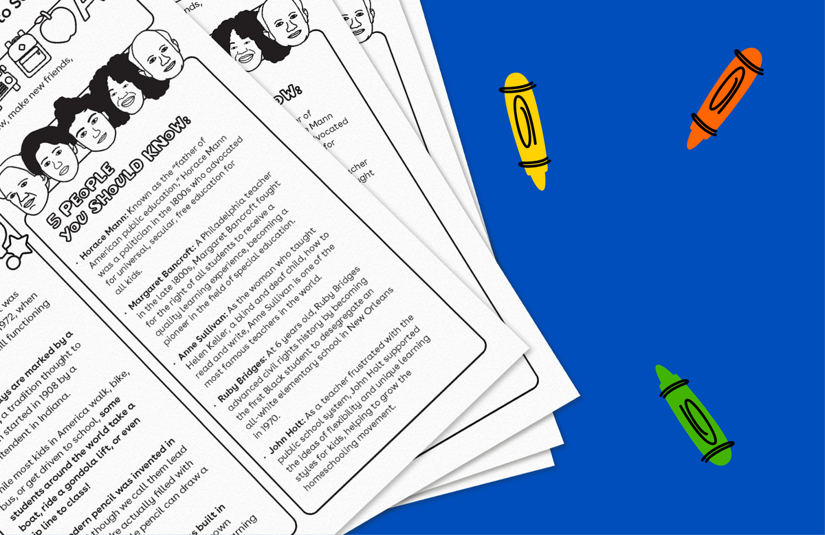 Stack of educational trading cards with illustrated portraits on left side, colored crayon illustrations on bright blue background on right side