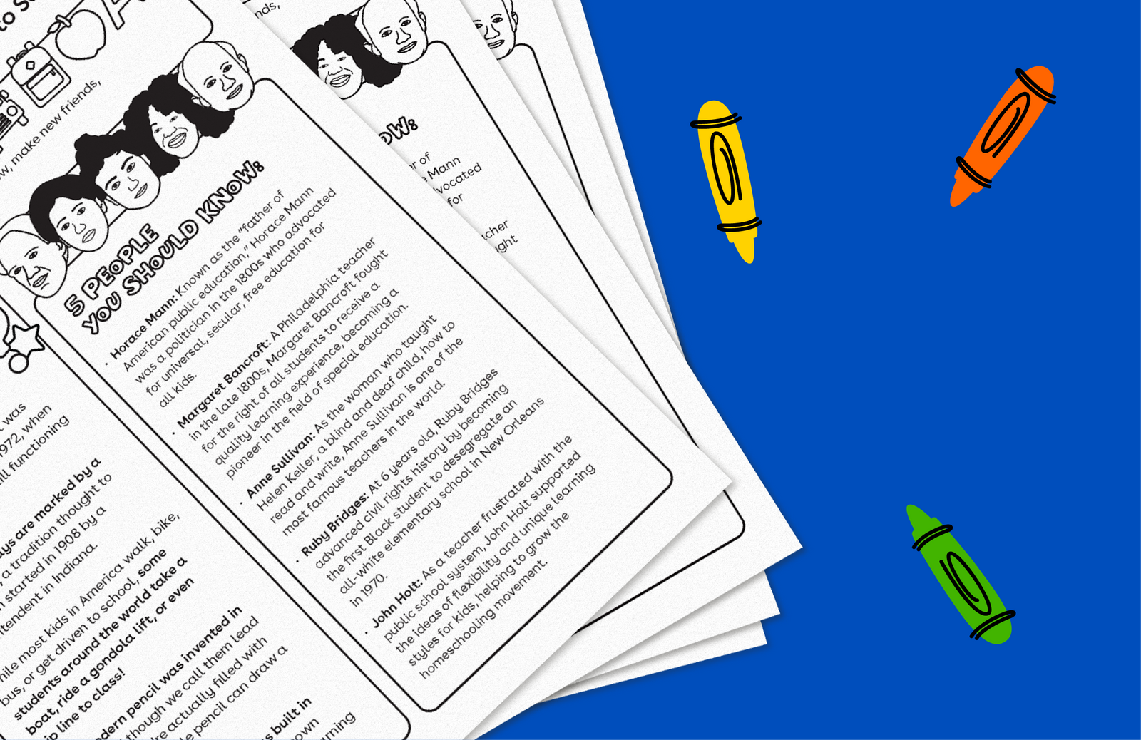 Stack of educational trading cards with illustrated portraits on left side, colored crayon illustrations on bright blue background on right side