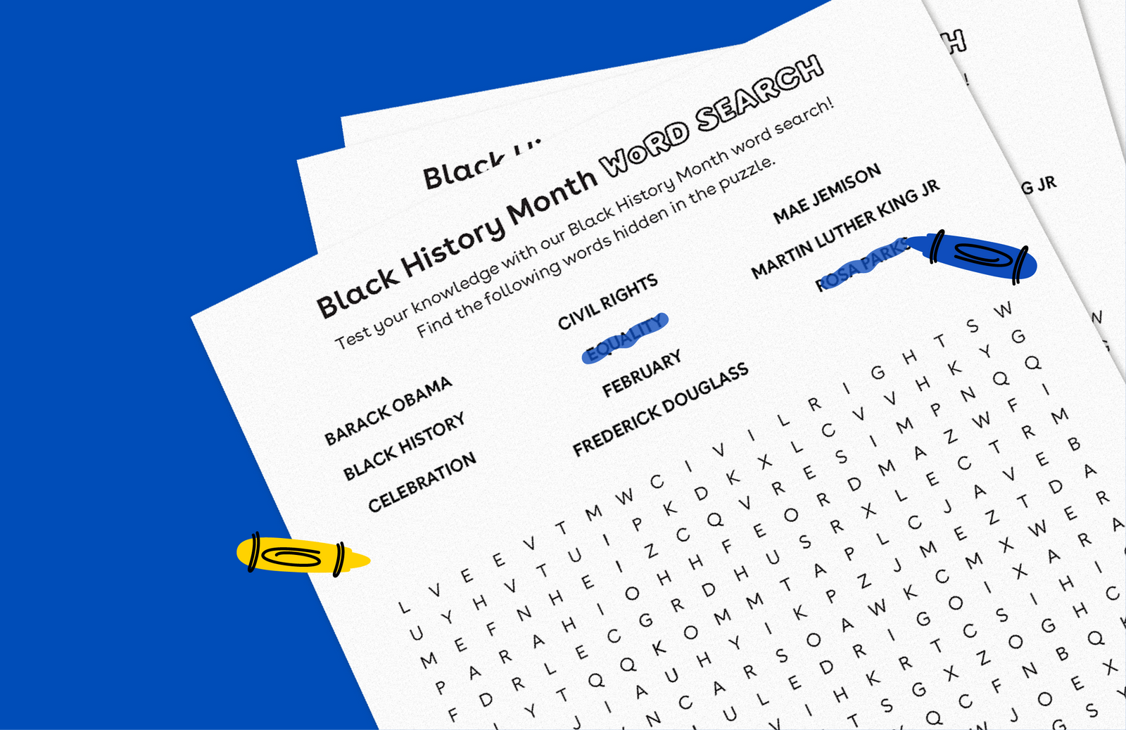 Black History Month word search puzzle with hidden words including Barack Obama, Black History, Celebration, Civil Rights, February, and Frederick Douglass, pri