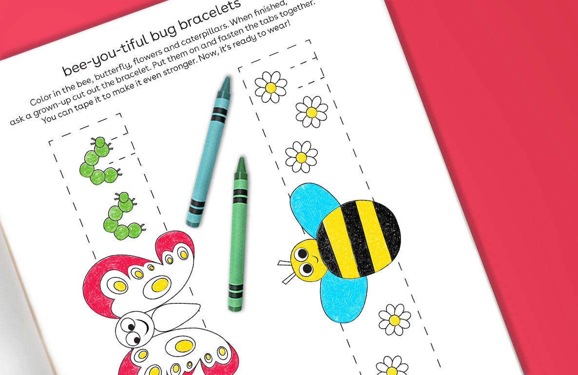 Printable activity page with bee-you-tiful bug bracelets craft instructions, showing colored crayons and illustrations of a ladybug, bee, caterpillar, and flowe
