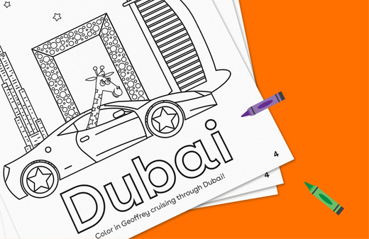 Coloring page featuring a giraffe in a convertible car driving past Dubai skyscrapers and the Burj Khalifa, with colored markers nearby
