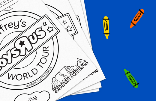 Black and white coloring pages featuring Geoffrey's World Tour Durban theme alongside colorful crayon illustrations on bright blue background