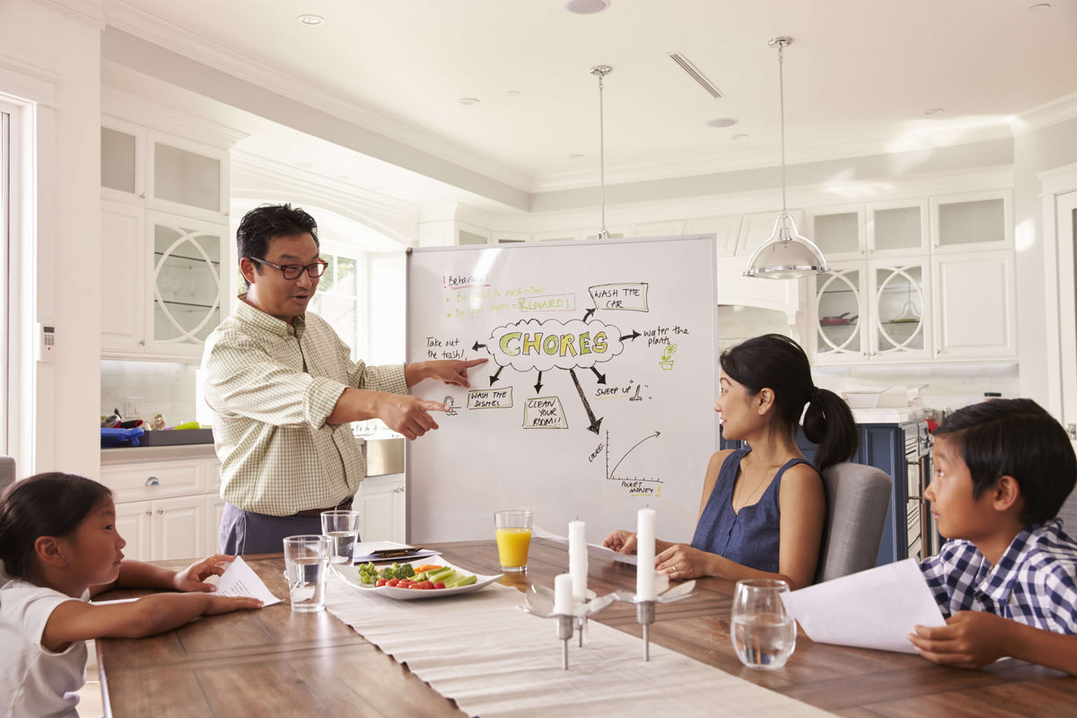 Adult and children gathered around a kitchen table reviewing a whiteboard chart labeled "CHORES" with task assignments and arrows, modeled by a family in a brig