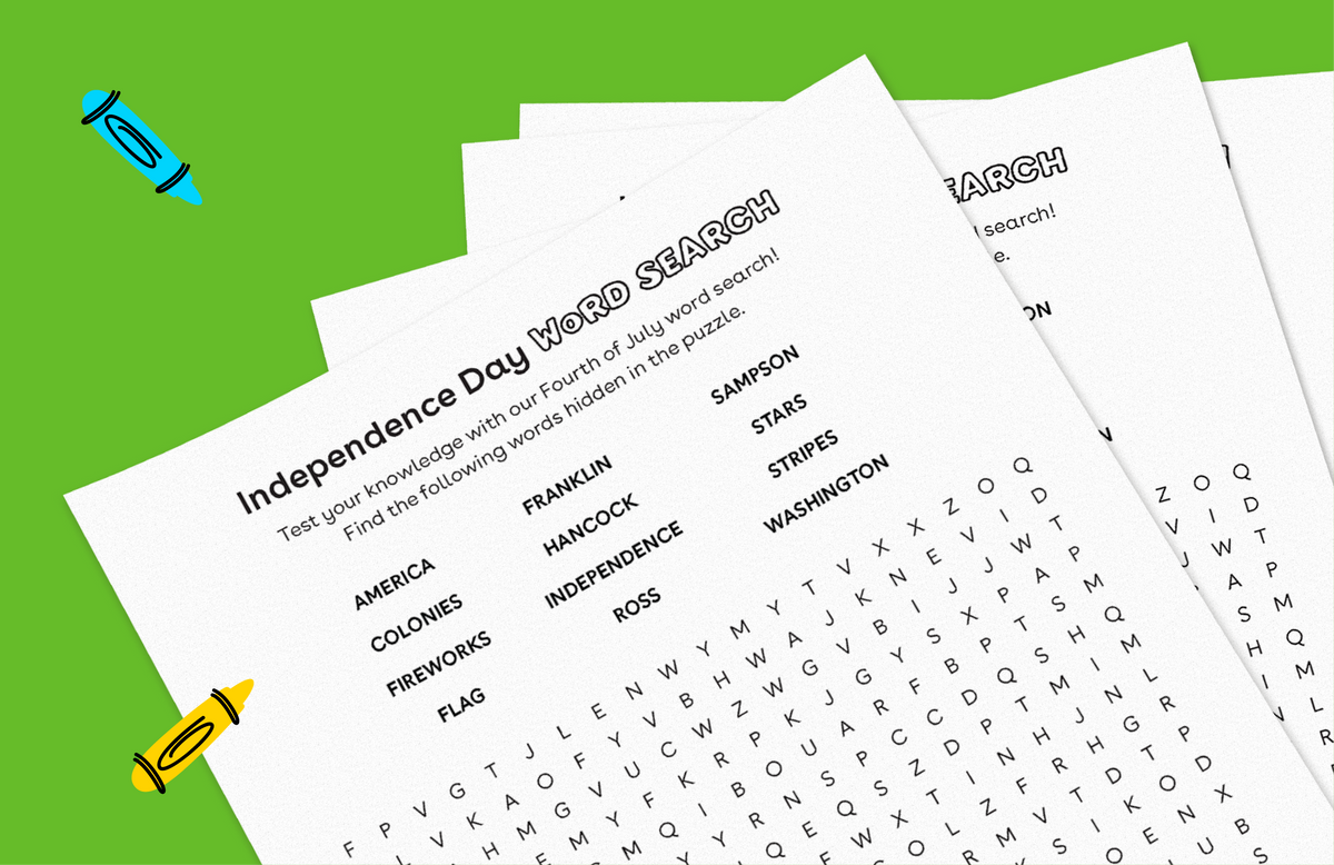 Independence Day word search puzzle printable with blue crayon and yellow crayon icons on bright green background