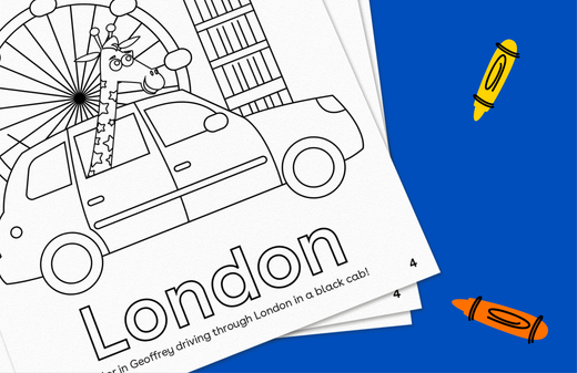 Coloring page featuring a car with London landmarks like a double-decker bus and Ferris wheel, with yellow and orange crayons on a blue background