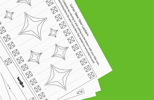 Printable coloring pages with star and lantern outline designs on white paper against a bright green background
