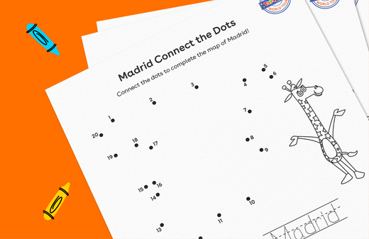 Madrid Connect the Dots activity page with numbered dots forming an outline of a giraffe, surrounded by orange and white design elements and colored pencils
