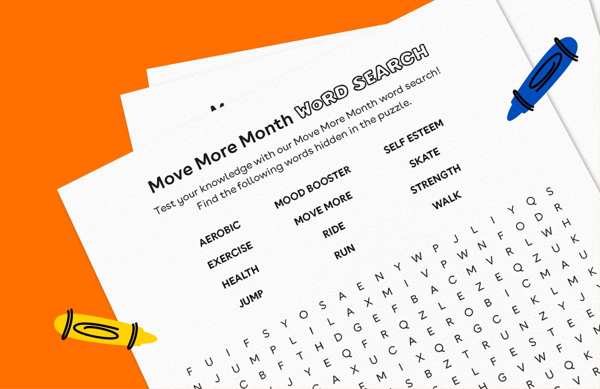 Move More Month word search puzzle with words like aerobic, exercise, health, jump, mood booster, move more, ride, run, self esteem, skate, strength, and walk h