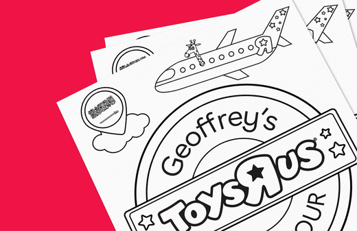 Coloring page featuring Geoffrey's World Tour theme with airplane, clouds, and stars on pink and white background