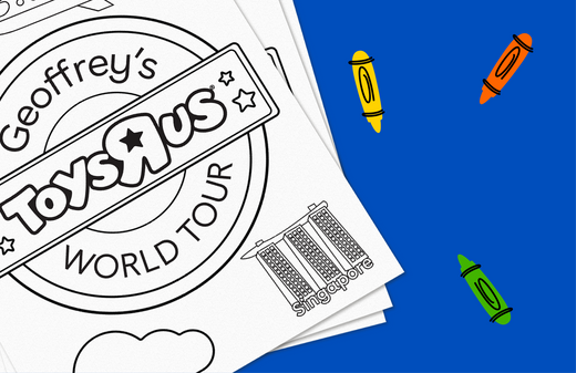 Coloring page with Geoffrey's Toys 'R' Us World Tour logo and outline drawings, paired with three colorful crayons on bright blue background