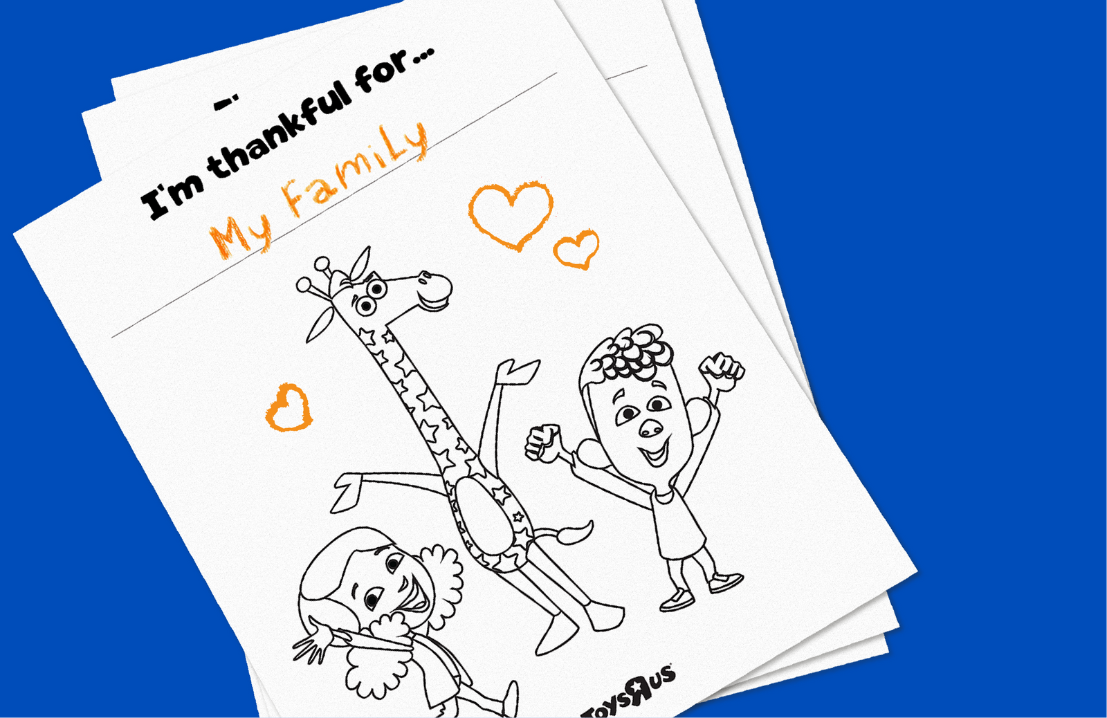 Coloring page with text "I'm thankful for-- My family" featuring drawings of a child, giraffe, and angel with orange heart doodles on blue background