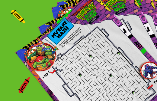 Teenage Mutant Ninja Turtles activity packet and maze game on bright green background with colored pencils