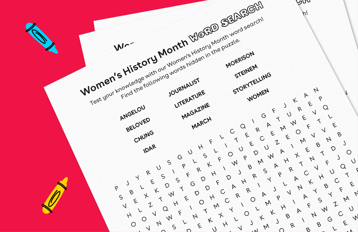 Women's History Month word search puzzle printable with cyan and yellow crayons on bright pink background