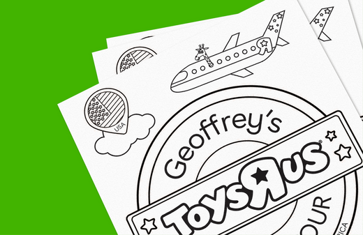 Coloring pages featuring Geoffrey's Toys R Us logo and travel-themed illustrations including an airplane, clouds, and a taco, set against a bright green backgro
