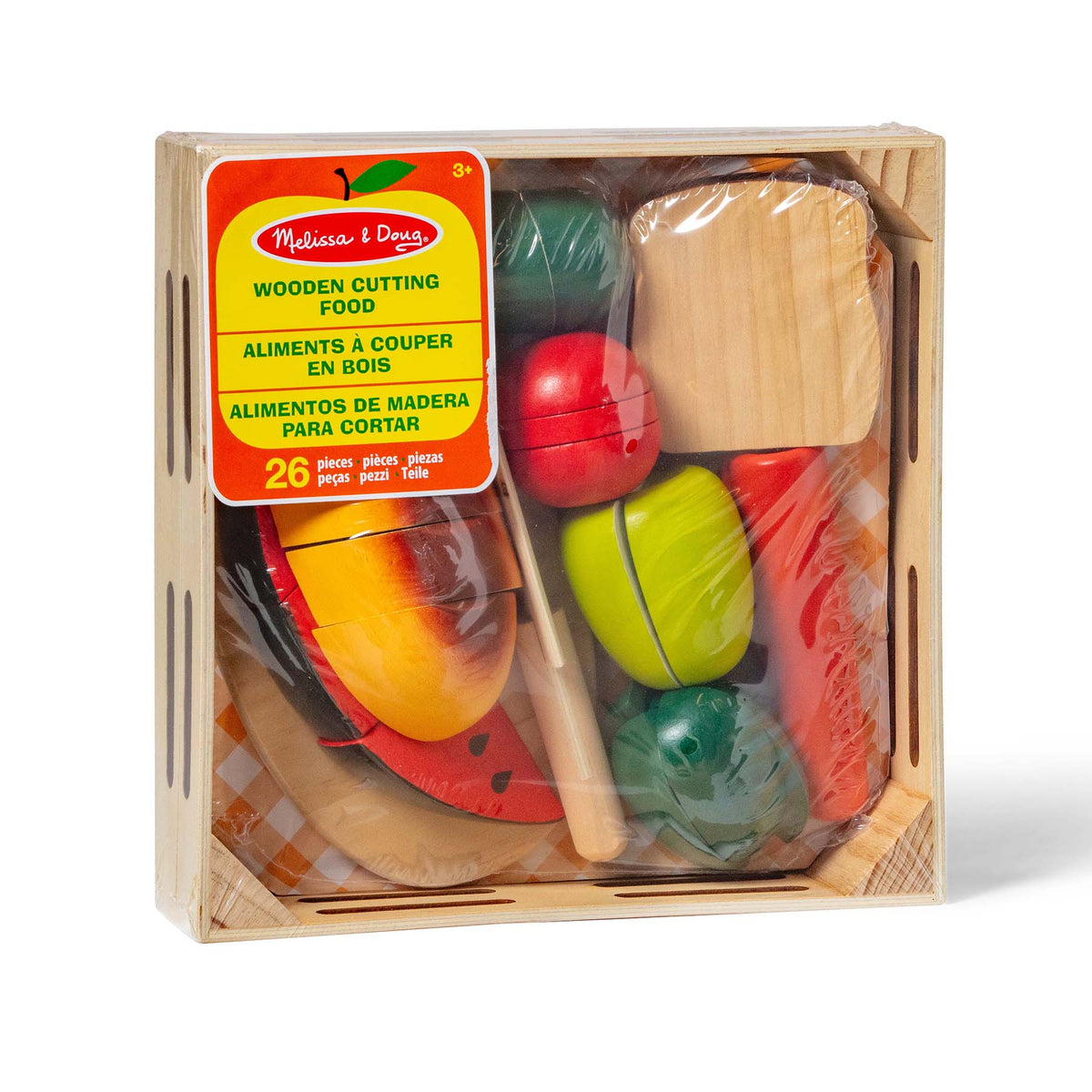 Melissa & Doug Wooden Cutting Food Chef Play Set with colorful fruits, cutting board, and knife