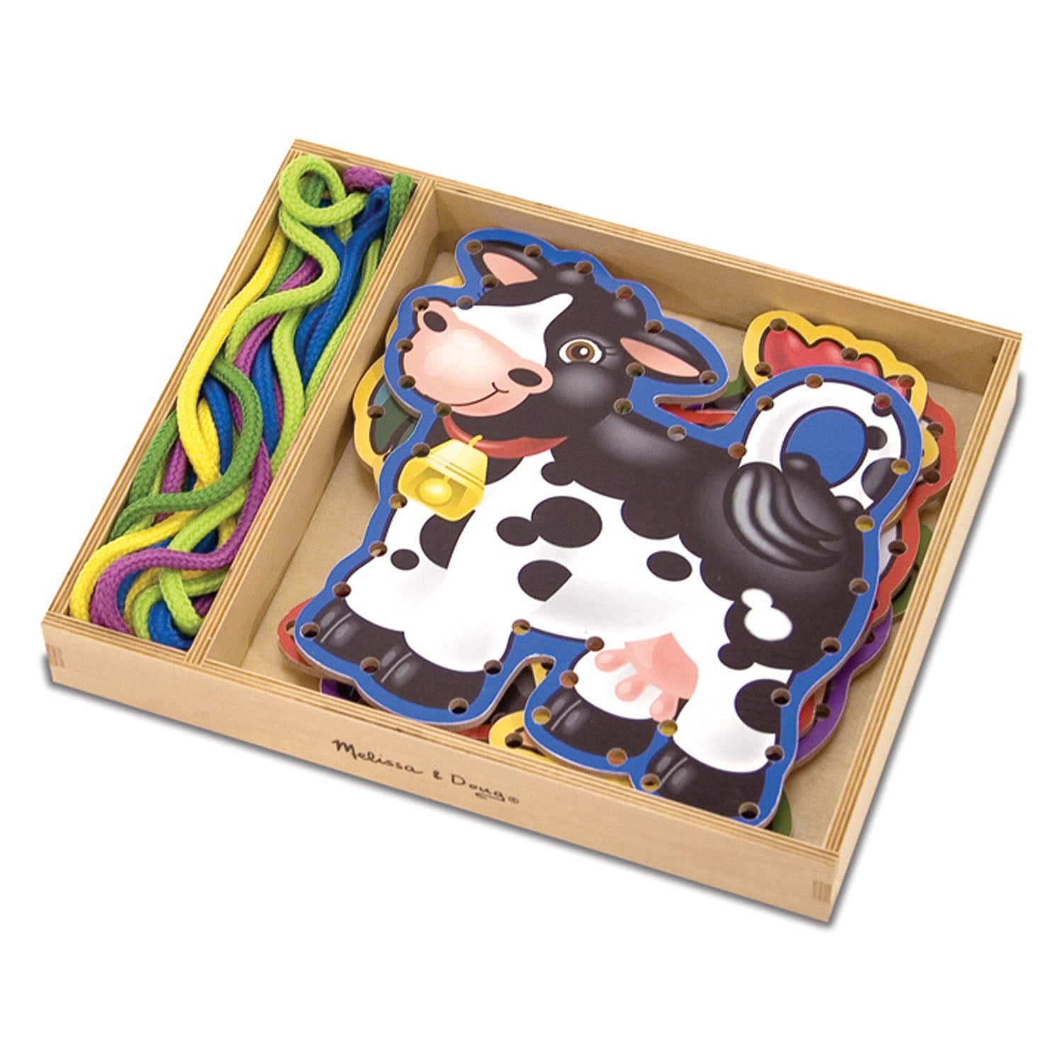 Lace & Trace Farm Wooden Lacing Set with colorful cow puzzle panel and rainbow lacing cord