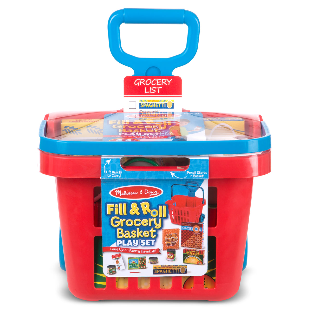Melissa & Doug Fill & Roll Grocery Basket Play Set red and blue toy with grocery items