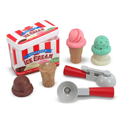 Ice Cream Shop Scoop Set with magnetic scoops, wooden cones, and colorful play ice cream in pink, mint, and chocolate